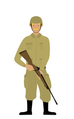 シニア男性兵士のポーズ、ライフル銃を持って見張りに立つ