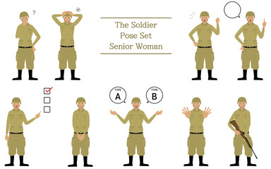 シニア女性兵士のポーズセット、疑問・悩む・励ます・指さしetc