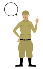 シニア女性兵士のポーズ、指さししながら話す