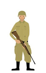 シニア女性兵士のポーズ、ライフル銃を持って見張りに立つ