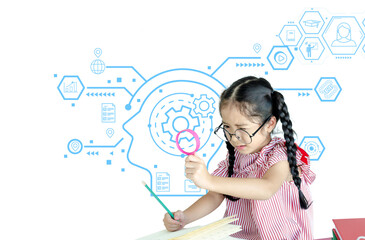 Little girl take magnifying glass with interface icon with isolated on white background,E learning concept