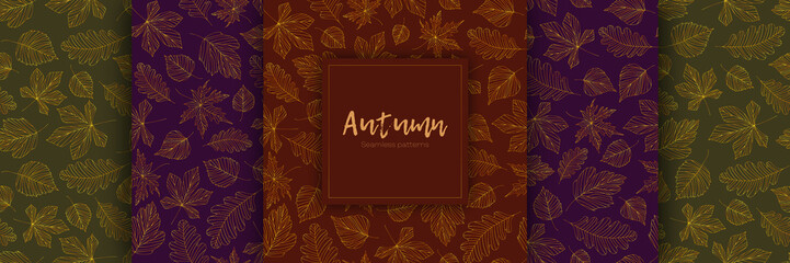 Pack of seamless patterns with golden leaves