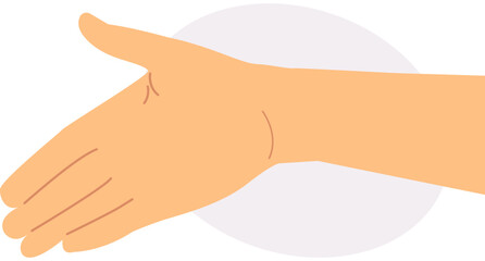 Hand with open palm. Friendship gesture.  Light violet ellipse shape background. Transparent background. Flat vector illustration.