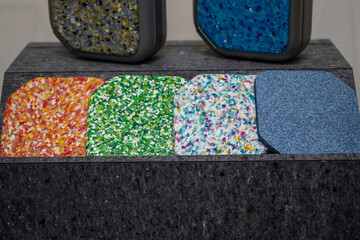 Recycled crushed plastic granules turned into new reused material. Plastic crossover. Recycled...
