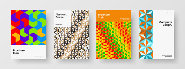 Creative magazine cover A4 vector design layout set. Bright geometric shapes postcard concept bundle.
