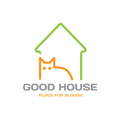 Line art - cat and house silhouettes. Modern logo template for construction company, pet shop or clinic, architectural business or web design. Vector illustration