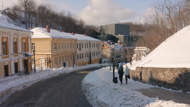 Andrews Descent in Kiev in the winter. Snowy St Andrews descent.