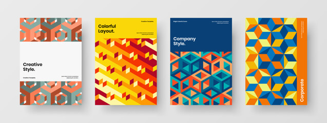 Obraz premium Abstract corporate identity vector design template composition. Multicolored mosaic hexagons booklet layout set.