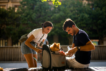 Couple feeding and watering pets with a carrier bag