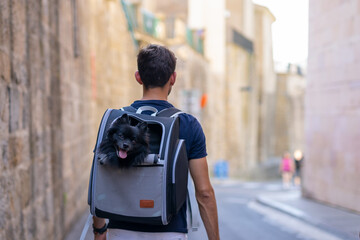 Young men walking with a pet carrier bag pack outdoors in the city