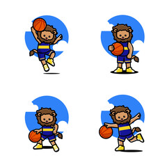 Set of happy cute lion playing basketball