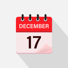 December 17, Calendar icon with shadow. Day, month. Flat vector illustration.