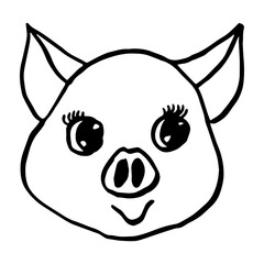 Doodle pig face, cute cartoon vector illustration