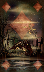 Halloween poker diamonds card, cemetery, tree and dead crow, vector illustration