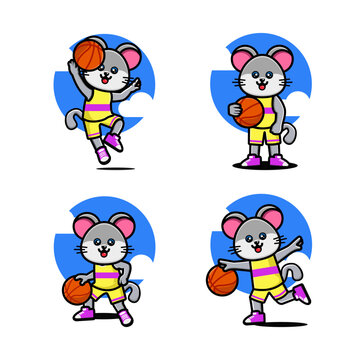 Set of happy cute mouse playing basketball