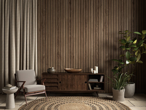 Interior With Dresser, Lounge Chair, Wall Wood Panel, Curtain And Decor. 3d Render Illustration Mockup.