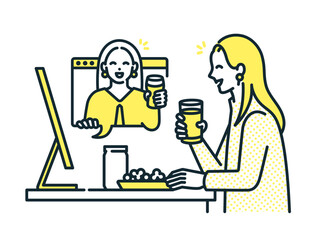 友人とリモート飲み会をする女性のイラスト素材。