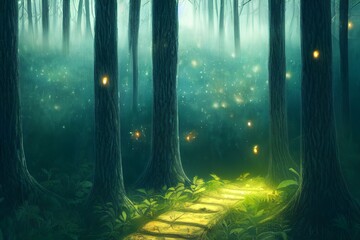 Fototapeta premium Fantasy forest with fireflies, magic orbs and more. 