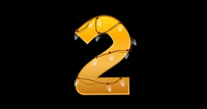 Number 2 animation. Digits with glowing christmas lights and bulbs. Festive decorative glowing symbol 2 for birthday count. 60 FPS 4K with transparent background. Light switching on and off.