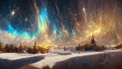 Magical golden blue shiny lights Aurora Borealis (The Northern Lights) over the snow covered landscape 