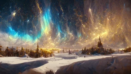 Fotobehang Magical golden blue shiny lights Aurora Borealis (The Northern Lights) over the snow covered landscape  © FantasyEmporium