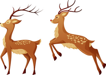 Deer set, jumping and standing Christmas deer in cartoon style isolated