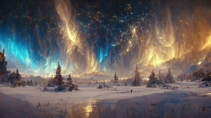 Fantasy scene with golden blue lights Aurora Borealis (The Northern Lights) over the snow covered landscape 