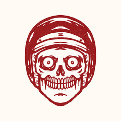 illustration of skull head wearing a retro helmet. line art drawing technique