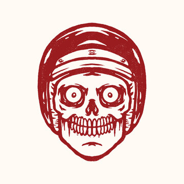 recommend clip art: illustration of skull head wearing a retro helmet. line art drawing technique