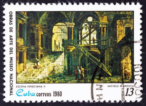 Postage stamp 'Venetian Scene II, Michele Marieschi' printed in Republic of Cuba. Series: 'Paintings from the National Museum', 1980