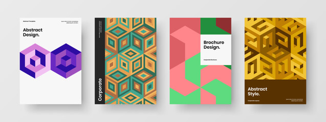 Unique geometric shapes brochure layout set. Bright corporate identity vector design template composition.