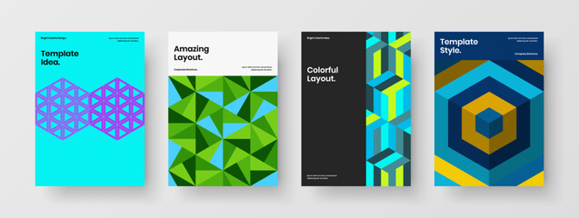 Fototapeta premium Creative geometric hexagons corporate brochure template collection. Vivid banner A4 design vector layout set.
