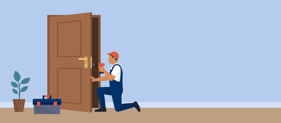 Professional locksmith service: locksmith repairing a door - obrazy, fototapety, plakaty