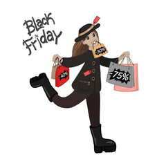 Girl with shopping bags with sales. Hand drawn vector illustration of a cute young woman with a lot of shopping bags, price tags and lettering Black Friday. Design for a Black Friday poster, banner.