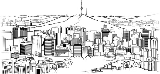 Detailed vector illustration of the city of Seoul, South Korea 