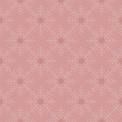 Elegant pink monochrome seamless snow flake texture with small red snow flakes. Seasonal vector illustration for wrapping paper, greeting cards, posters, web backgrounds and stationery.
