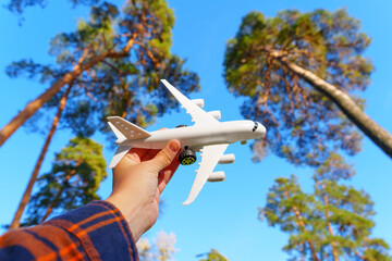 Hand holding toy plane against trees background