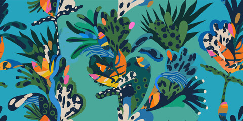 Fototapeta na wymiar Modern exotic artistic floral jungle pattern. Collage contemporary seamless pattern. Hand drawn cartoon style pattern.