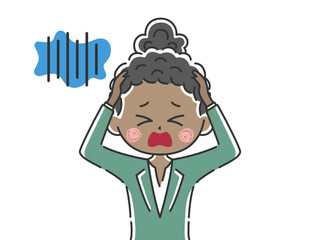 頭を抱えて悩む、黒人ビジネスウーマンのイラスト