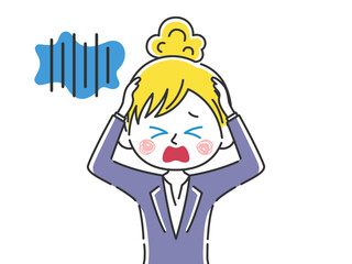 頭を抱えて悩む、髪を束ねた、白人ビジネスウーマンのイラスト
