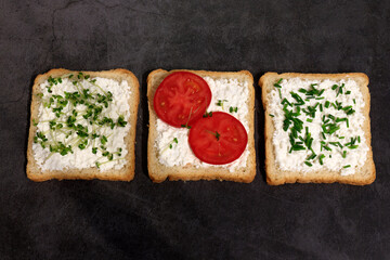 Vegan toast with microgreens on a dark background. The concept of healthy food. Copy Space