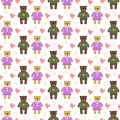 Bear and she-bear. Pattern seamless with teddy and hearts. Vector illustration. For holidays, gender parties, invitations, prints and cards, baby room wallpaper, packaging.