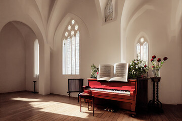 Red piano in a clean white church.
