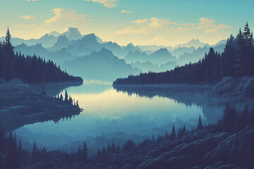 sunrise over the mountains and lake digital art illustration