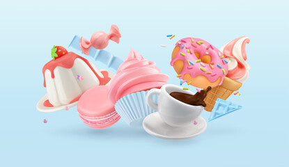 Sweet food 3d vector background. Panna cotta, macaron, cupcake, cup of coffee, donut, ice cream, candy