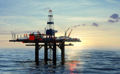 Oil platform at the sea during sunset. . Offshore oil rig,  drilling rig, jack up rig, Oil and gas crisis. 3D rendering illustration