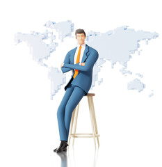 Successful businessman stands next world map. International business concept. 3D rendering illustration