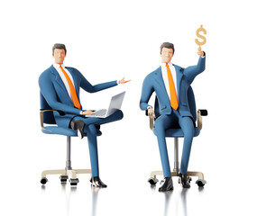 Two successful business people are sitting on the chairs, talking and  showing  golden dollar award. 3D rendering illustration