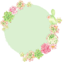 watercolor cactus and succulent round wreath frame banner or invitation card background