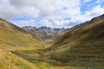 Fototapeta premium Sertig valley hiking trail leading from Bergün to Ravais lakes in Swiss Alps, Switzerland